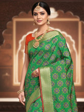 Women's Silk Blend Green Printed DesignerSaree With Blouse Piece